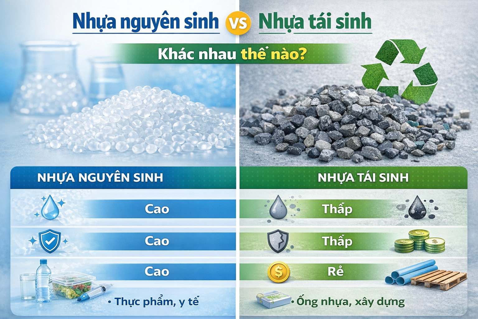 Phong Vy | Phân biệt nhựa nguyên sinh và nhựa tái sinh: Đặc điểm, ưu nhược điểm và ứng dụng Phong Vy | Phân biệt nhựa nguyên sinh và nhựa tái sinh: Đặc điểm, ưu nhược điểm và ứng dụng