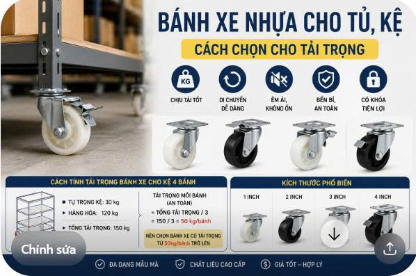 Phong Vy | Bánh xe nhựa cho tủ, kệ: Cách chọn đúng theo tải trọng Bánh xe nhựa cho tủ kệ và cách chọn theo tải trọng
